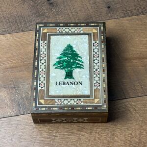 Vintage Lebanon Cedar Tree Inlay Wood Marquetry Jewelry Box Mother of Pearl